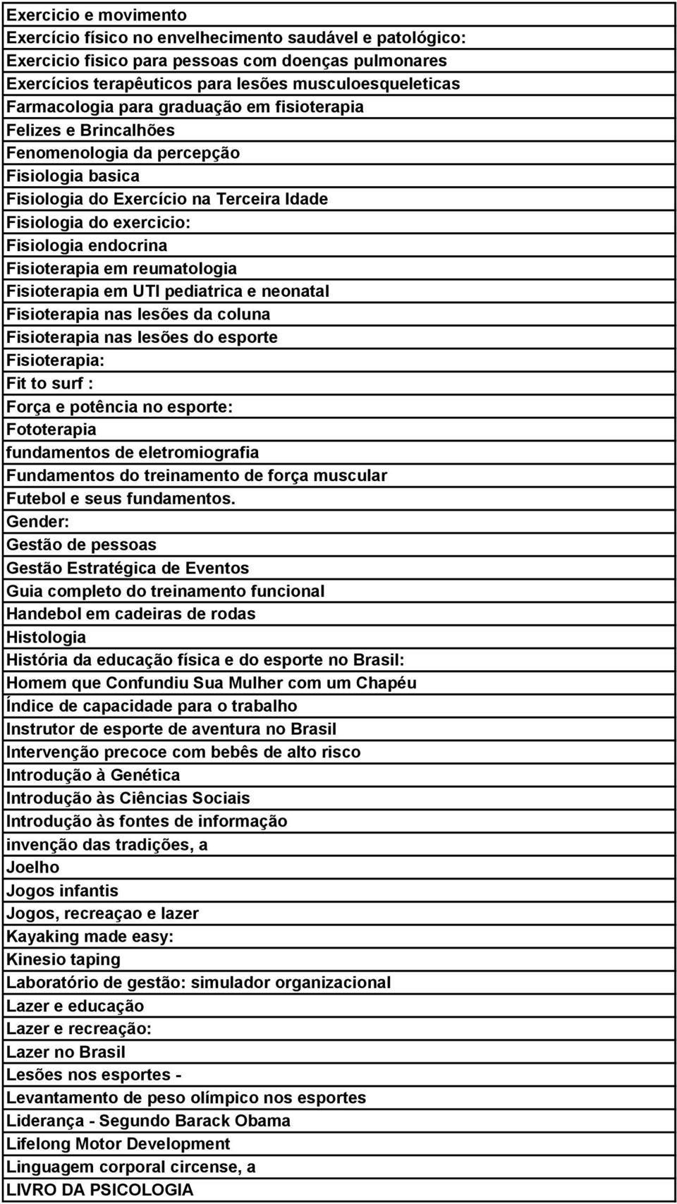 Fisioterapia em reumatologia Fisioterapia em UTI pediatrica e neonatal Fisioterapia nas lesões da coluna Fisioterapia nas lesões do esporte Fisioterapia: Fit to surf : Força e potência no esporte: