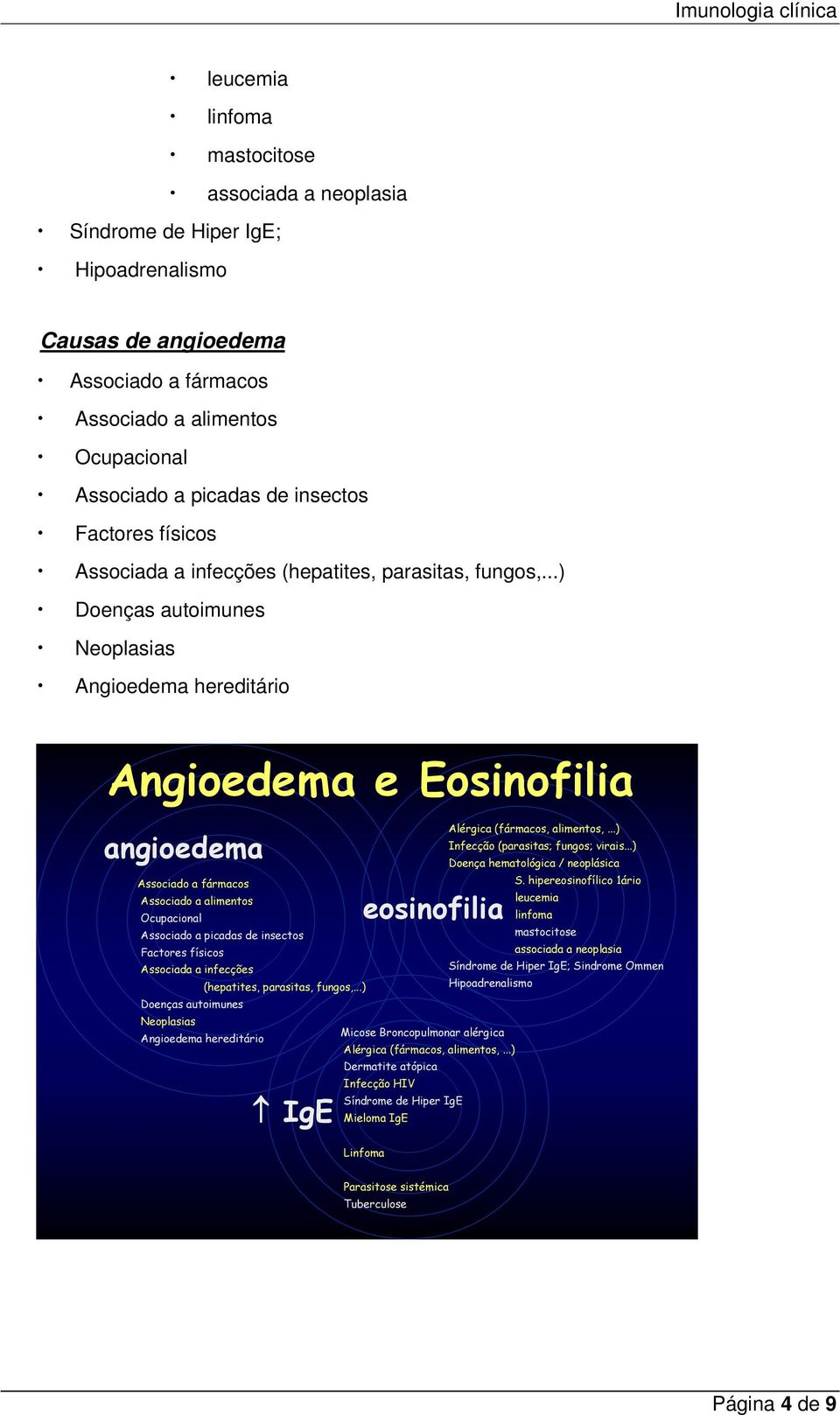 ..) Doenças autoimunes Neoplasias Angioedema hereditário Angioedema e Eosinofilia angioedema Associado a fármacos Associado a alimentos Ocupacional Associado a picadas de insectos .