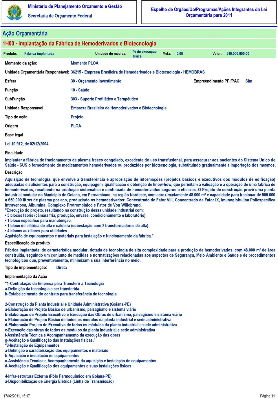 Função SubFunção Unidade Responsável Tipo de ação Origem 10 - Saúde 303 - Suporte Profilático e Terapêutico Empresa Brasileira de Hemoderivados e Biotecnologia Projeto PLOA Base legal Lei 10.