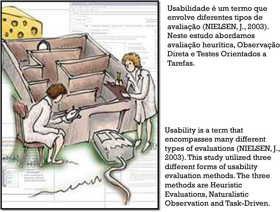 Usability is a term that encompasses many different types of evaluations (NIELSEN, J., 2003).