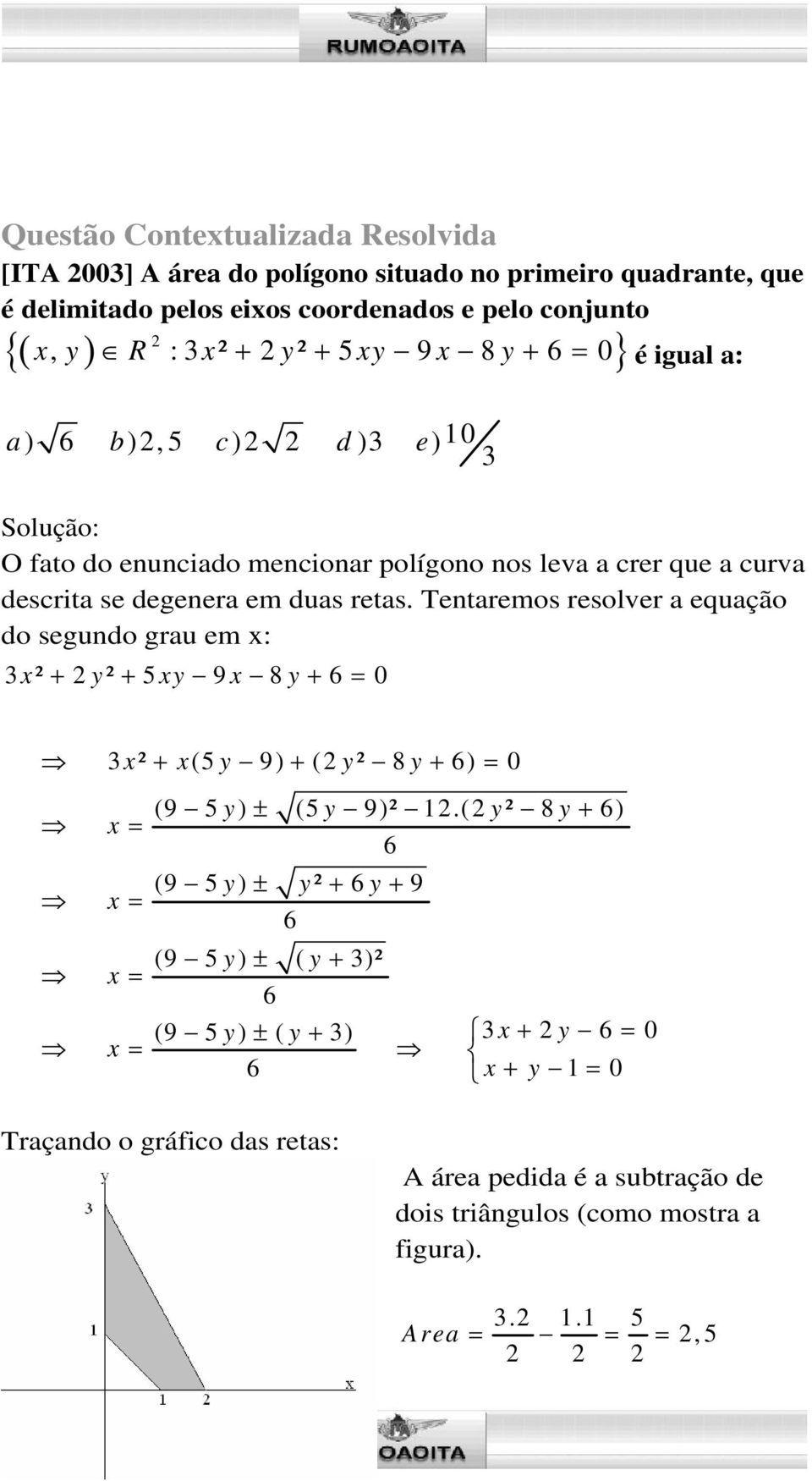 retas. Tentaremos resolver a equação do segundo grau em : 3 ² y ² 5 y 9 8 y 6 0 3 ² (5 y 9) ( y ² 8 y 6) 0 (9 5 y ) (5 y 9)² 1.