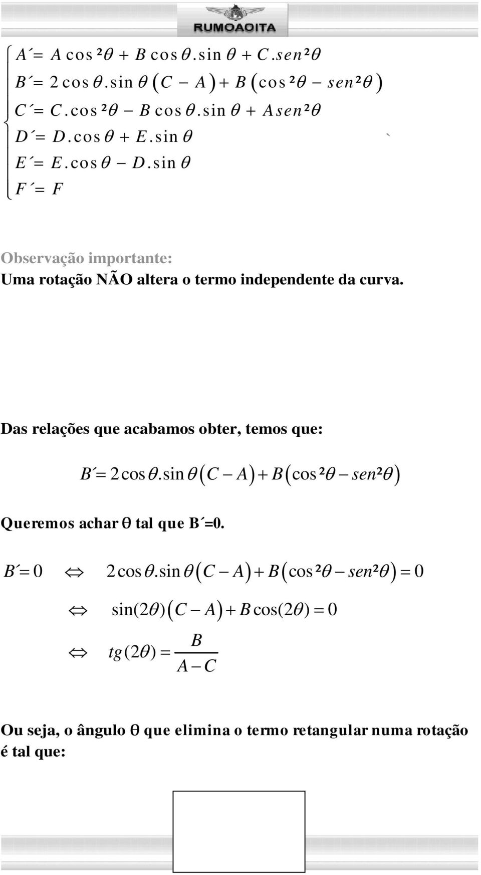 Das relações que acabamos obter, temos que: B cos.sin C A B cos ² sen² Queremos achar tal que B =0. B 0 cos.