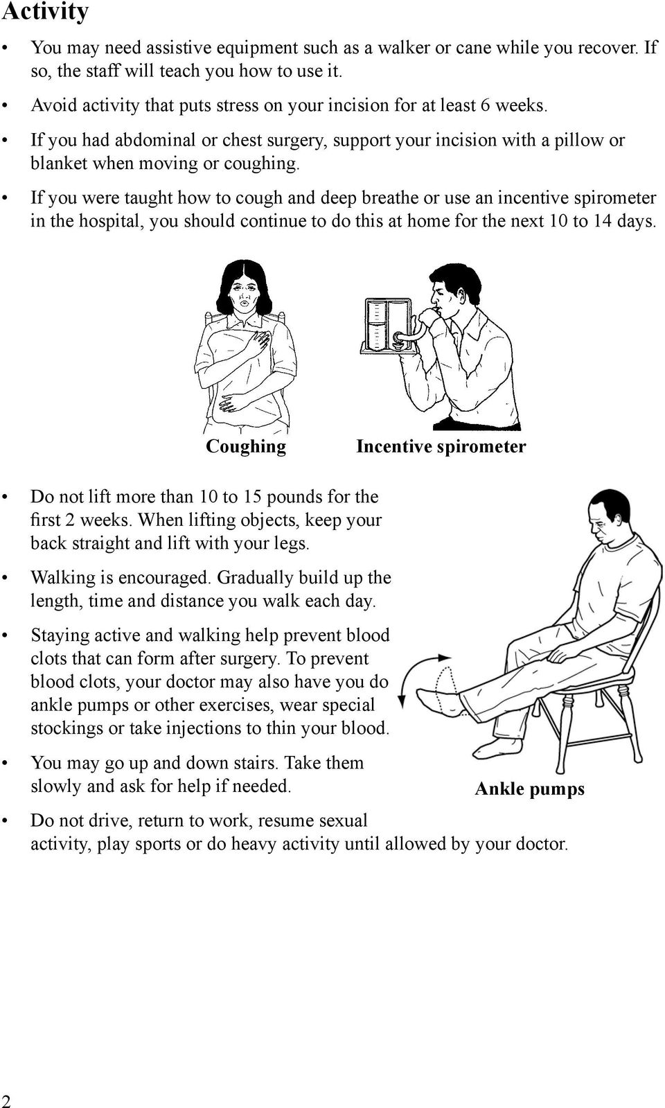 If you were taught how to cough and deep breathe or use an incentive spirometer in the hospital, you should continue to do this at home for the next 10 to 14 days.