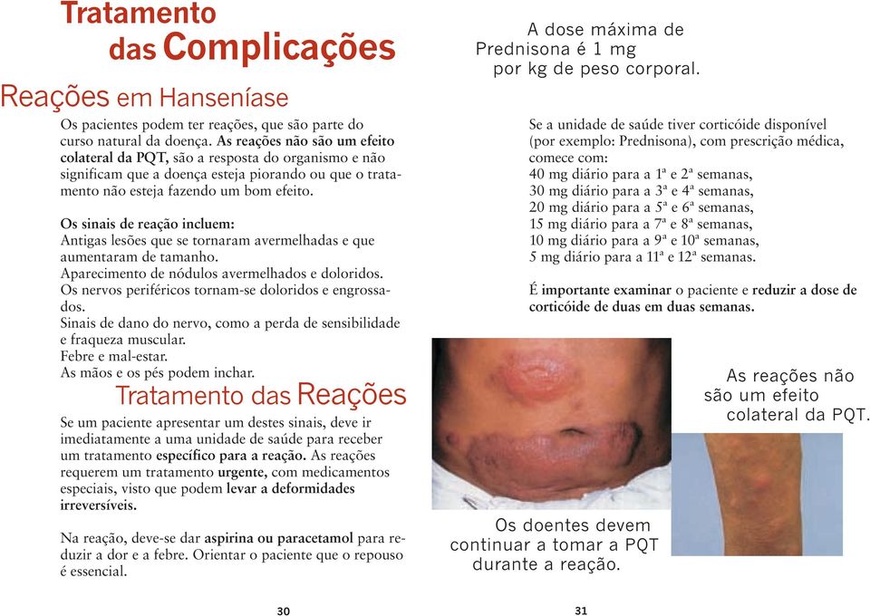 Os sinais de reação incluem: Antigas lesões que se tornaram avermelhadas e que aumentaram de tamanho. Aparecimento de nódulos avermelhados e doloridos.