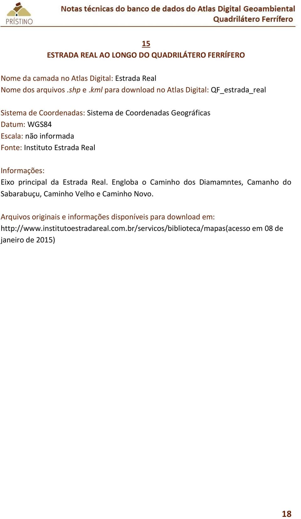 kml para download no Atlas Digital: QF_estrada_real Escala: não informada Fonte: Instituto Estrada Real Eixo