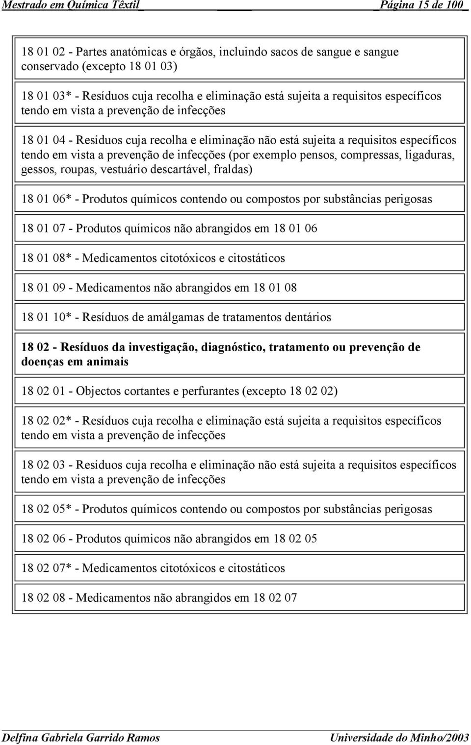 infecções (por exemplo pensos, compressas, ligaduras, gessos, roupas, vestuário descartável, fraldas) 18 01 06* - Produtos químicos contendo ou compostos por substâncias perigosas 18 01 07 - Produtos