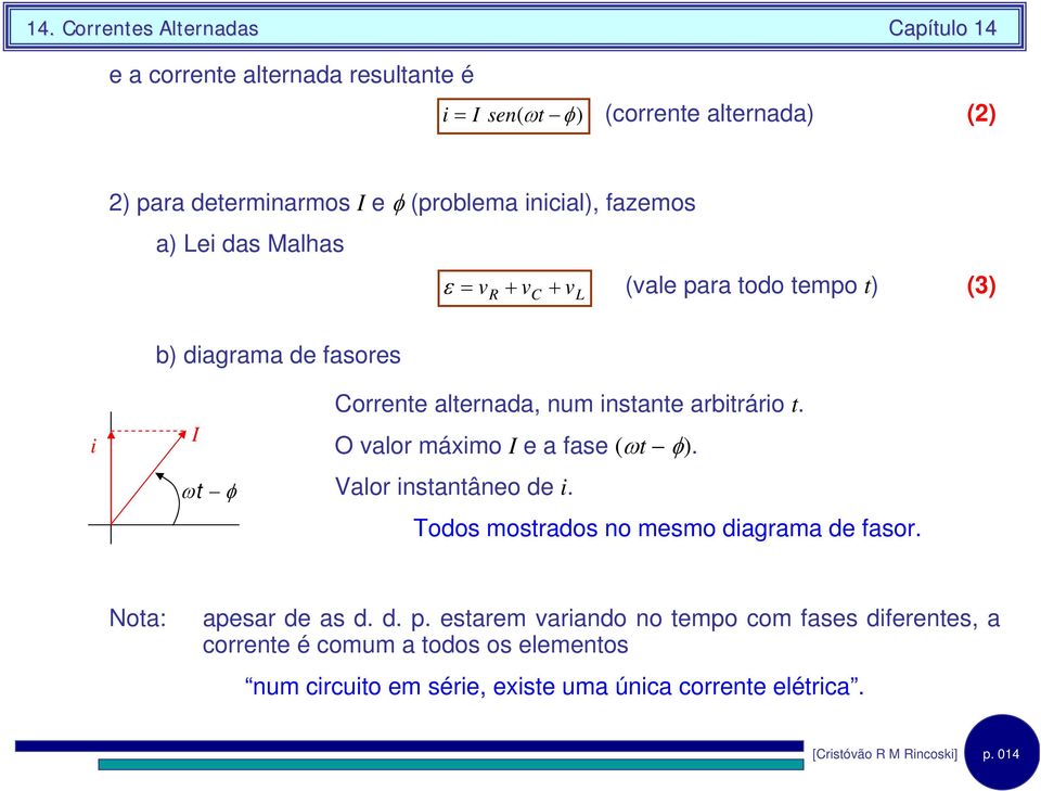 O valor máxmo e a fase (ωt φ). Valor nstantâneo de. Todos mostrados no mesmo dagrama de fasor. Nota: apesar de as d. d. p.