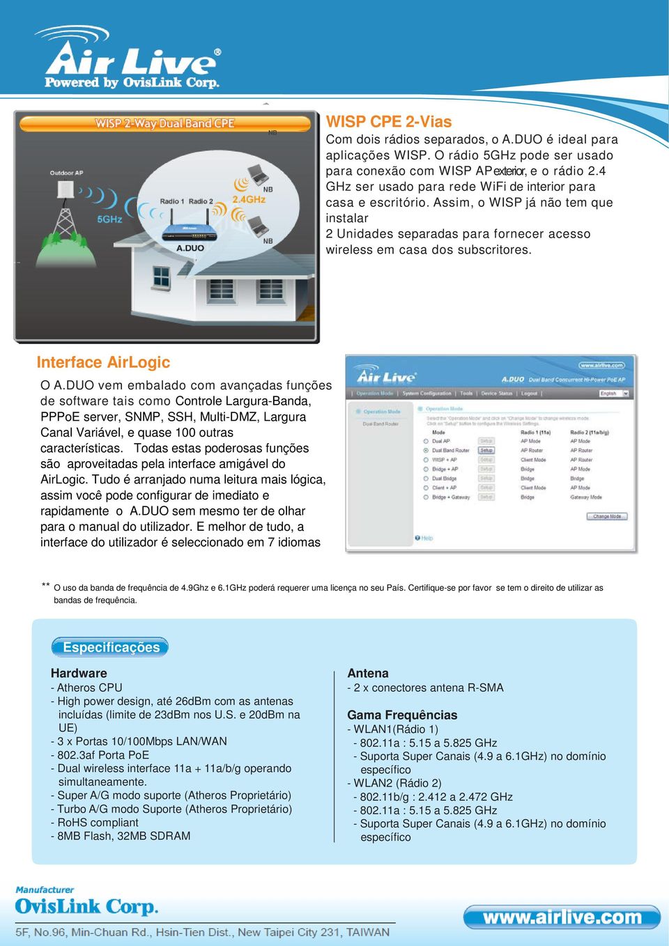 Assim, o WISP já não tem que instalar 2 Unidades separadas para fornecer acesso wireless em casa dos subscritores. Interface AirLogic O A.