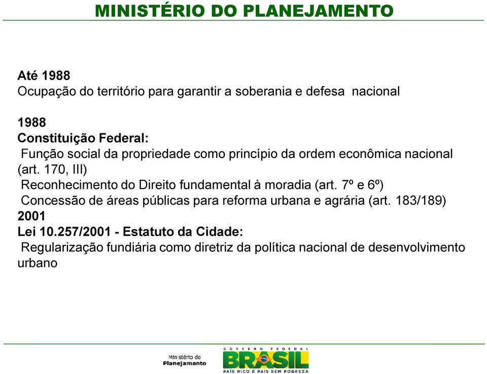 170, III) Reconhecimento do Direito fundamental à moradia (art.