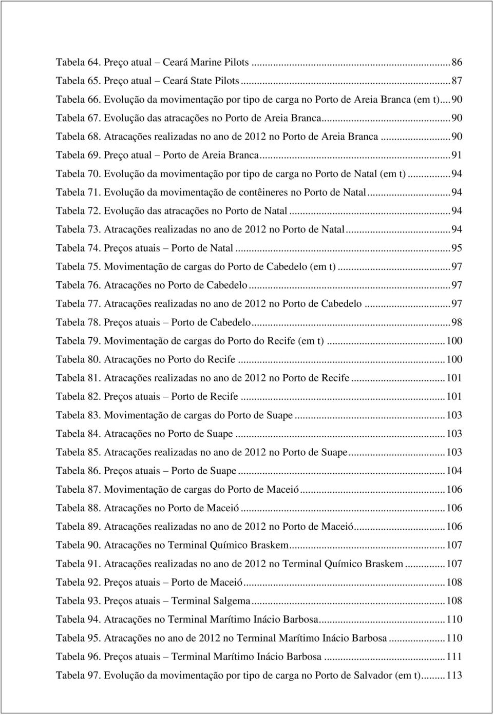 Evolução da movimentação por tipo de carga no Porto de Natal (em t)... 94 Tabela 71. Evolução da movimentação de contêineres no Porto de Natal... 94 Tabela 72.