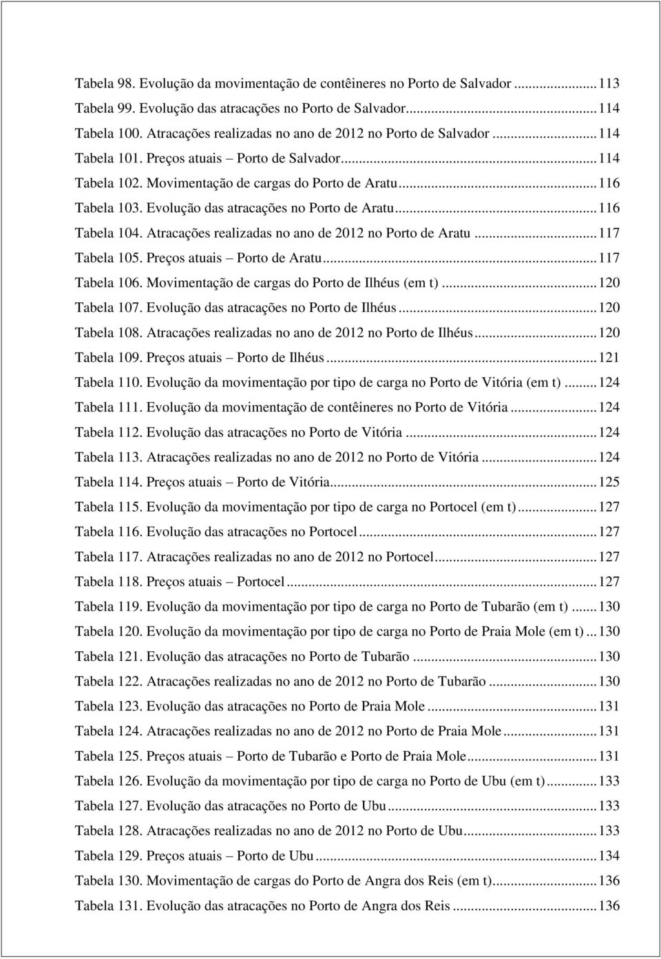 Evolução das atracações no Porto de Aratu... 116 Tabela 104. Atracações realizadas no ano de 2012 no Porto de Aratu... 117 Tabela 105. Preços atuais Porto de Aratu... 117 Tabela 106.