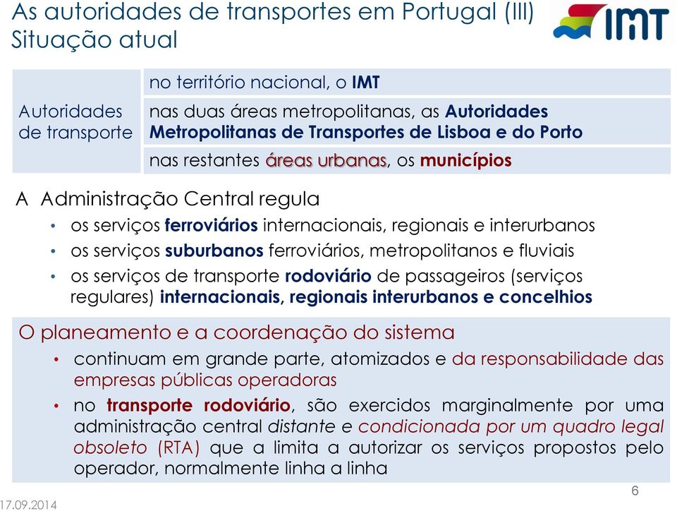 transporte rodoviário de passageiros (serviços regulares) internacionais, regionais interurbanos e concelhios O planeamento e a coordenação do sistema nas restantes áreas urbanas, os municípios