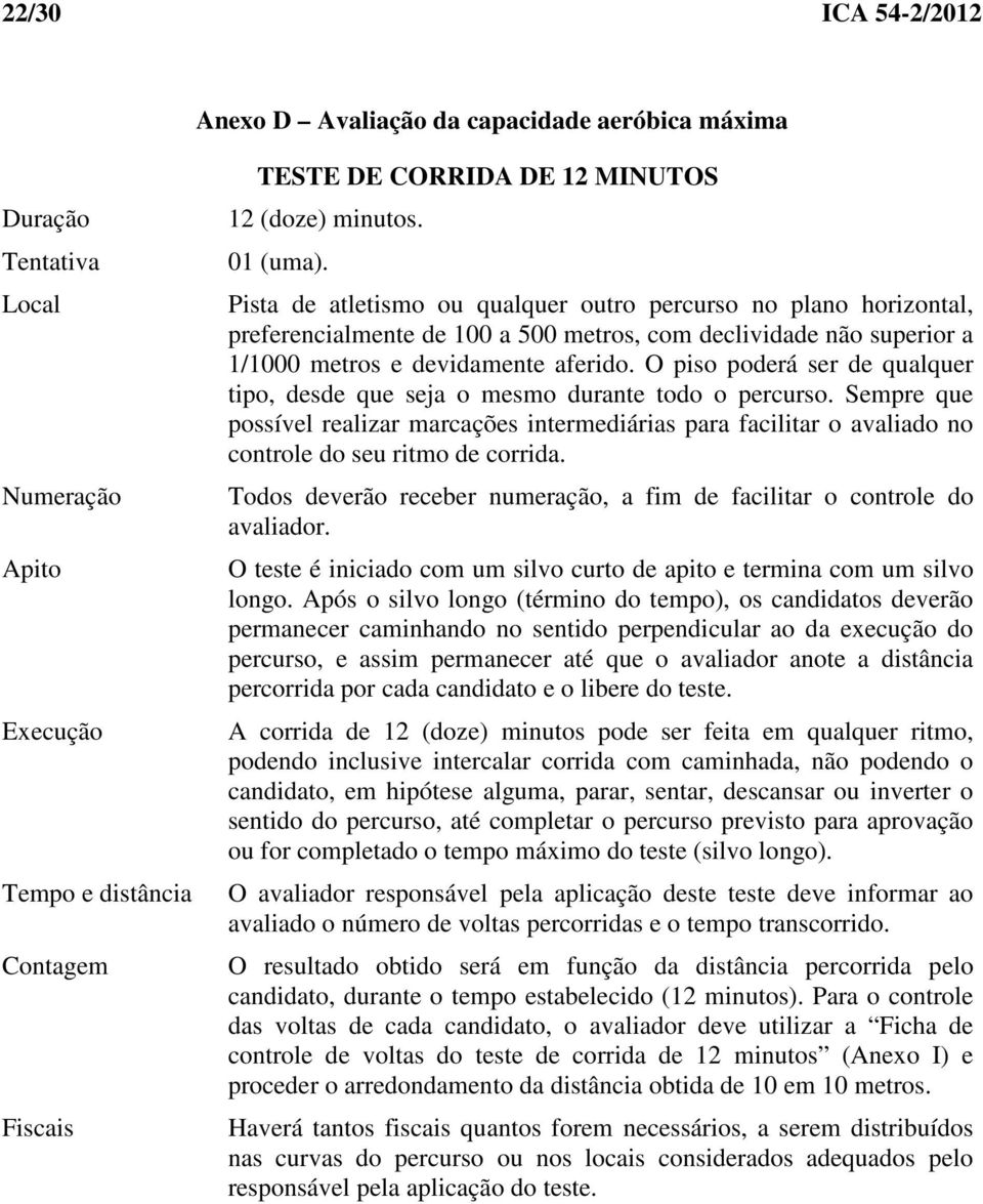 O piso poderá ser de qualquer tipo, desde que seja o mesmo durante todo o percurso. Sempre que possível realizar marcações intermediárias para facilitar o avaliado no controle do seu ritmo de corrida.