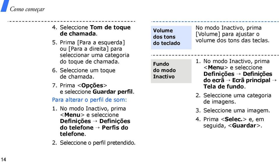 No modo Inactivo, prima <Menu> e seleccione do telefone Perfis do telefone. 2. Seleccione o perfil pretendido.