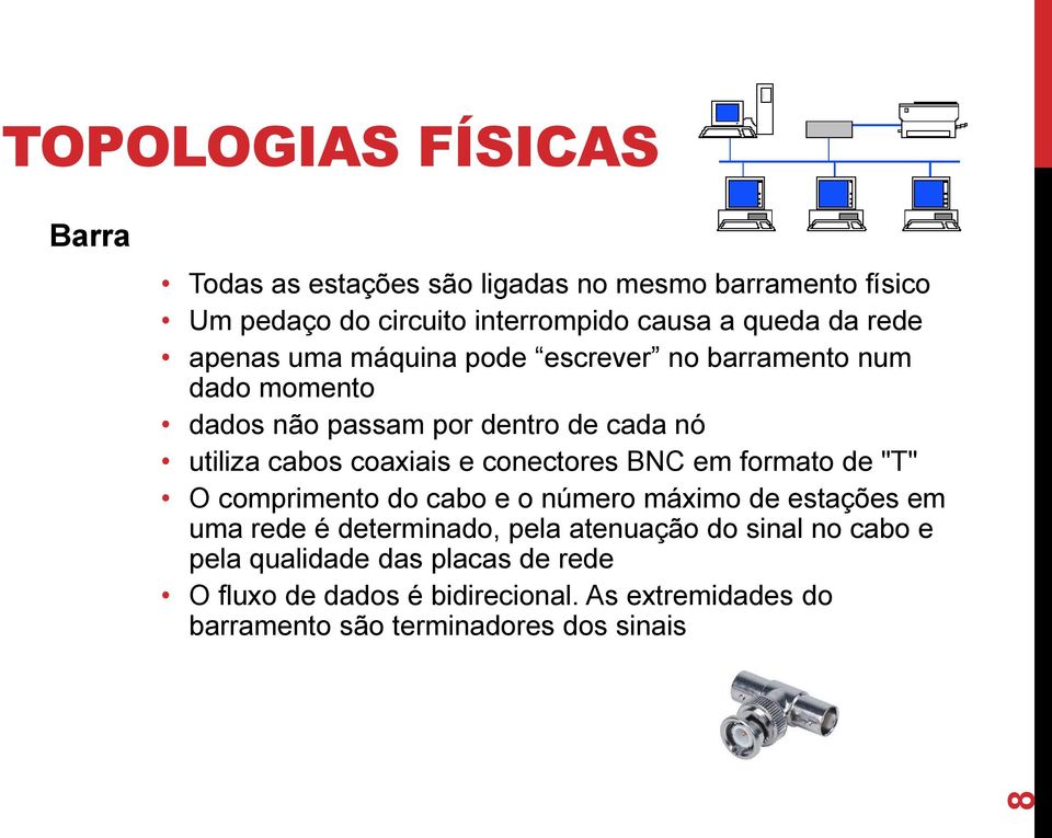 e conectores BNC em formato de "T" O comprimento do cabo e o número máximo de estações em uma rede é determinado, pela atenuação do