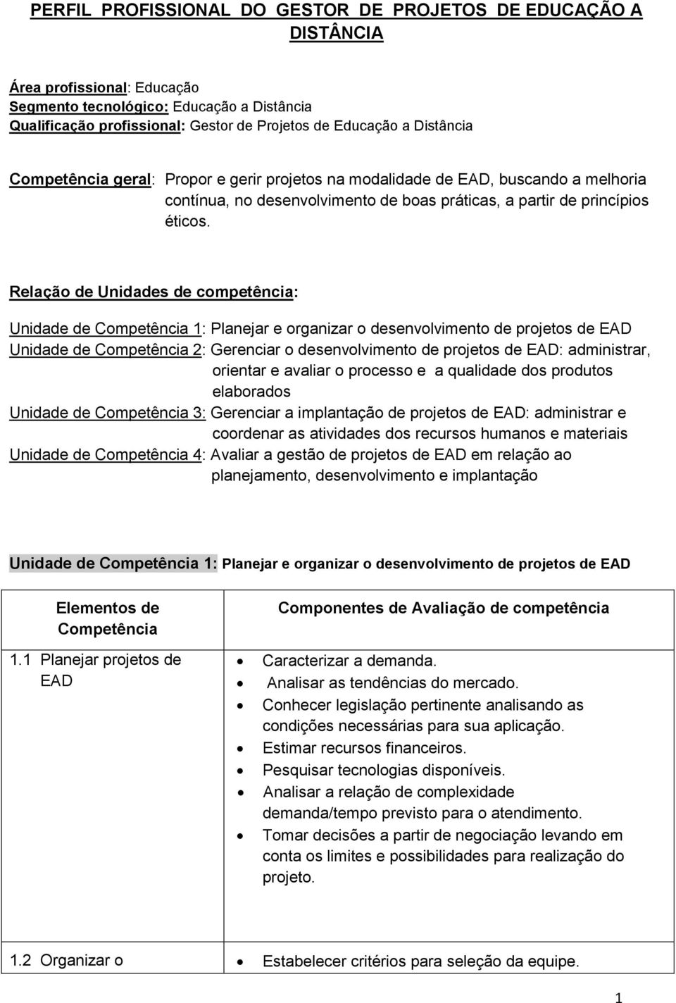 Relação de Unidades de competência: Unidade de Competência 1: Planejar e organizar o desenvolvimento de projetos de EAD Unidade de Competência 2: Gerenciar o desenvolvimento de projetos de EAD: