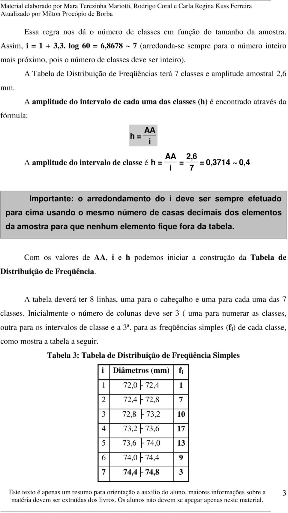 é h 0,3714 ~ 0, 4 7 Importante: o arredondamento do deve ser sempre eetuado para cma usando o mesmo número de casas decmas dos elementos da amostra para que nenhum elemento que ora da tabela.