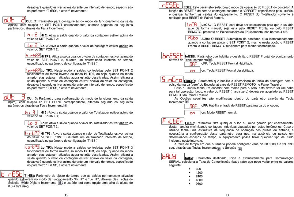 Hi 2: Ativa a saída quando o valor da contagem estiver acima do valor do SET POINT 2; Lo 2: Ativa a saída quando o valor da contagem estiver abaixo do valor do SET POINT 2; Hi TP2: Ativa a saída