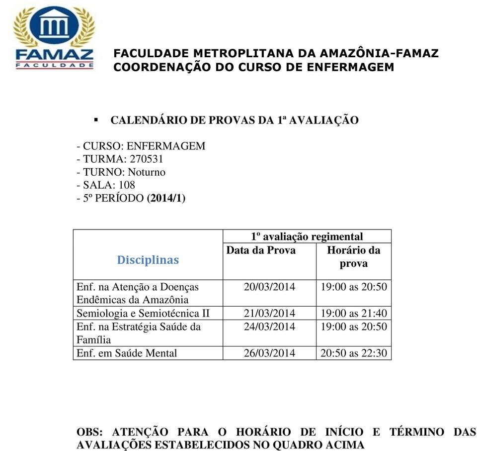 Semiologia e Semiotécnica II 21/03/2014 19:00 as 21:40 Enf.
