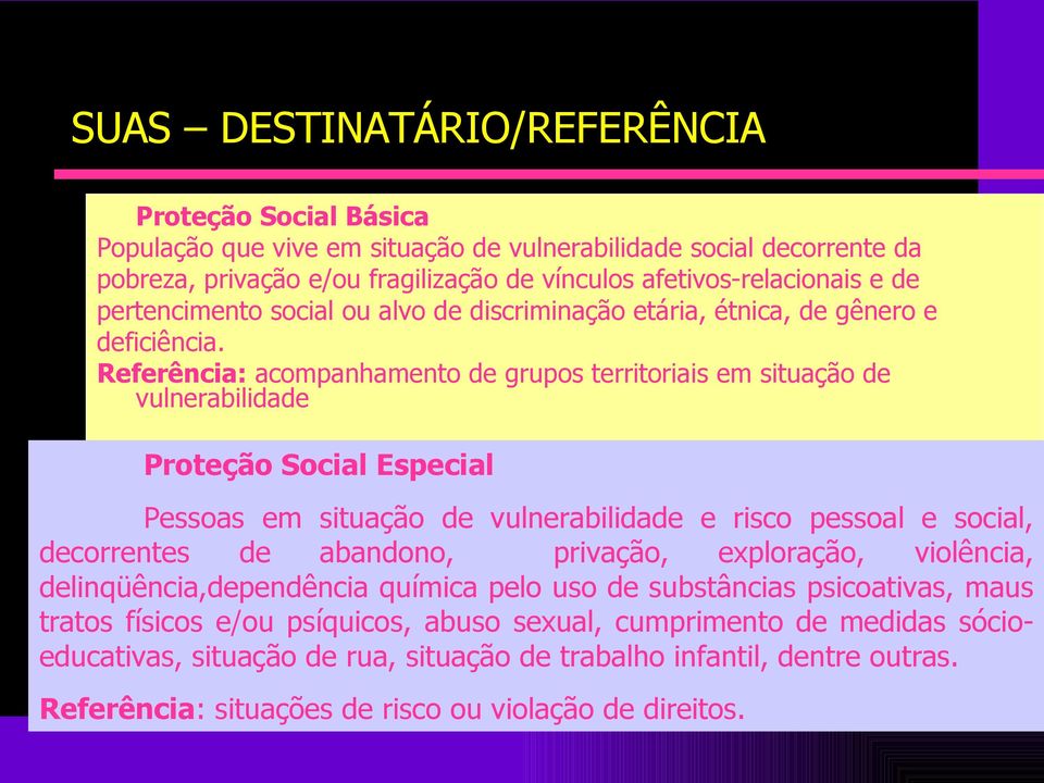 Referência: acompanhamento de grupos territoriais em situação de vulnerabilidade Proteção Social Especial Pessoas em situação de vulnerabilidade e risco pessoal e social, decorrentes de abandono,