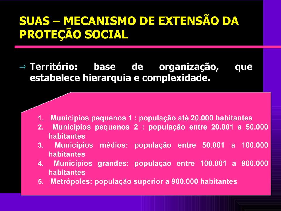 Municípios pequenos 2 : população entre 20.001 a 50.000 habitantes 3. Municípios médios: população entre 50.