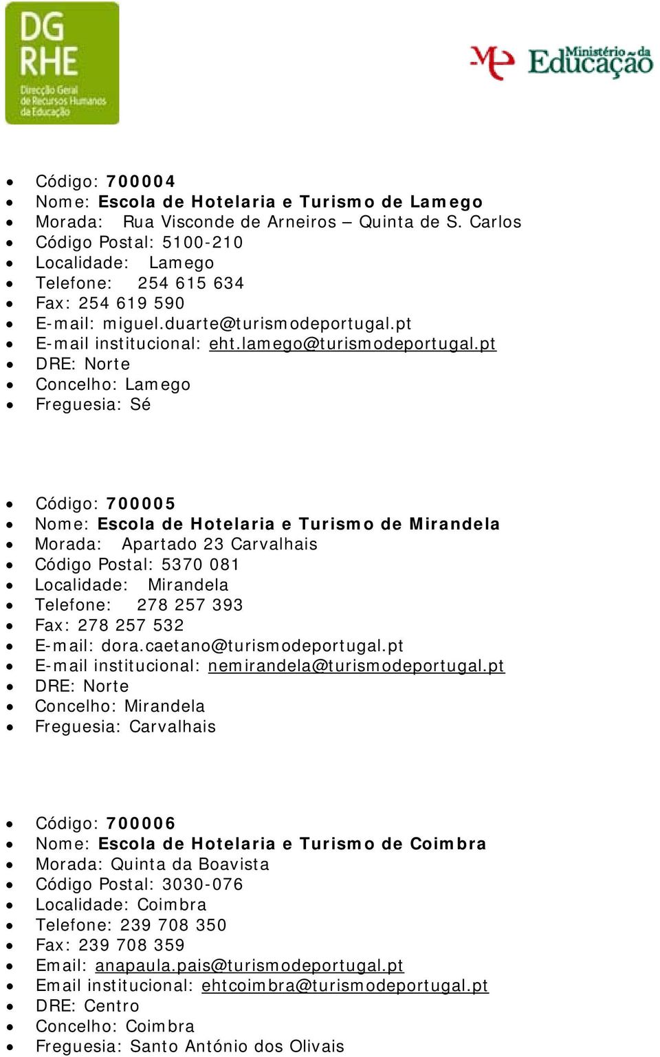 pt Concelho: Lamego Freguesia: Sé Código: 700005 Nome: Escola de Hotelaria e Turismo de Mirandela Morada: Apartado 23 Carvalhais Código Postal: 5370 081 Localidade: Mirandela Telefone: 278 257 393