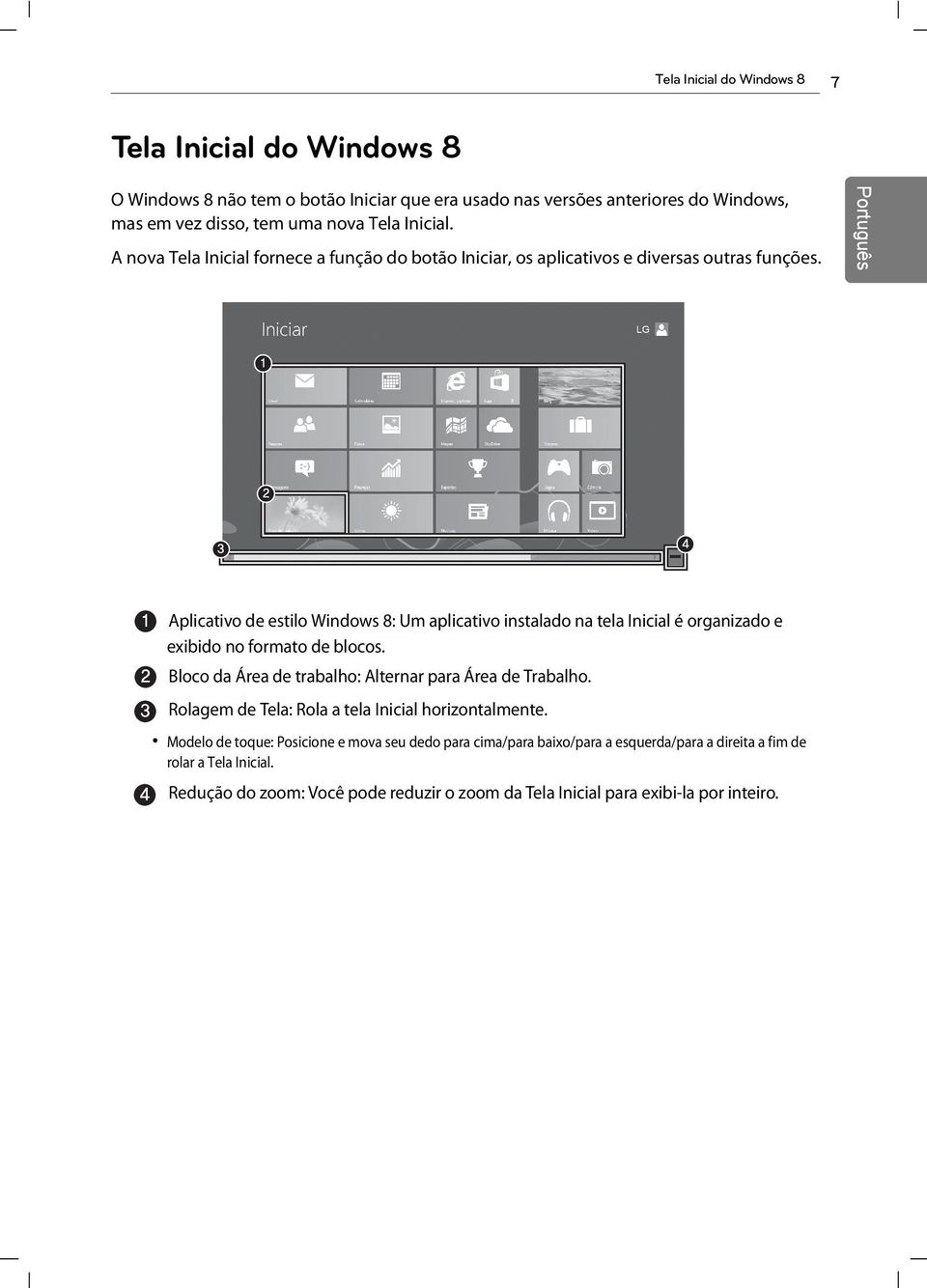 Aplicativo de estilo Windows 8: Um aplicativo instalado na tela Inicial é organizado e exibido no formato de blocos. Bloco da Área de trabalho: Alternar para Área de Trabalho.