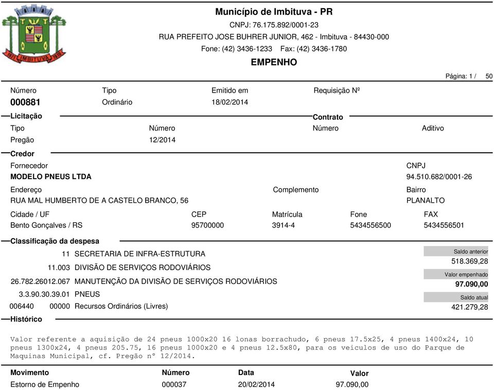 067 MANUTENÇÃO DA DIVISÃO DE SERVIÇOS RODOVIÁRIOS 3.3.90.30.39.01 PNEUS 006440 00000 Recursos Ordinários (Livres) 518.369,28 97.090,00 421.