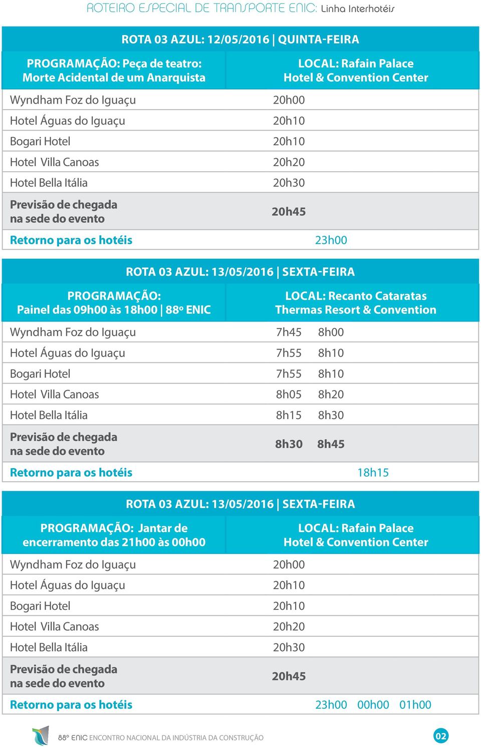 Hotel Villa Canoas 8h05 8h20 Hotel Bella Itália 8h15 8h30 8h30 8h45 18h15 ROTA 03 AZUL: 13/05/2016 SEXTA Jantar de encerramento das 21h00 às 00h00 Wyndham Foz