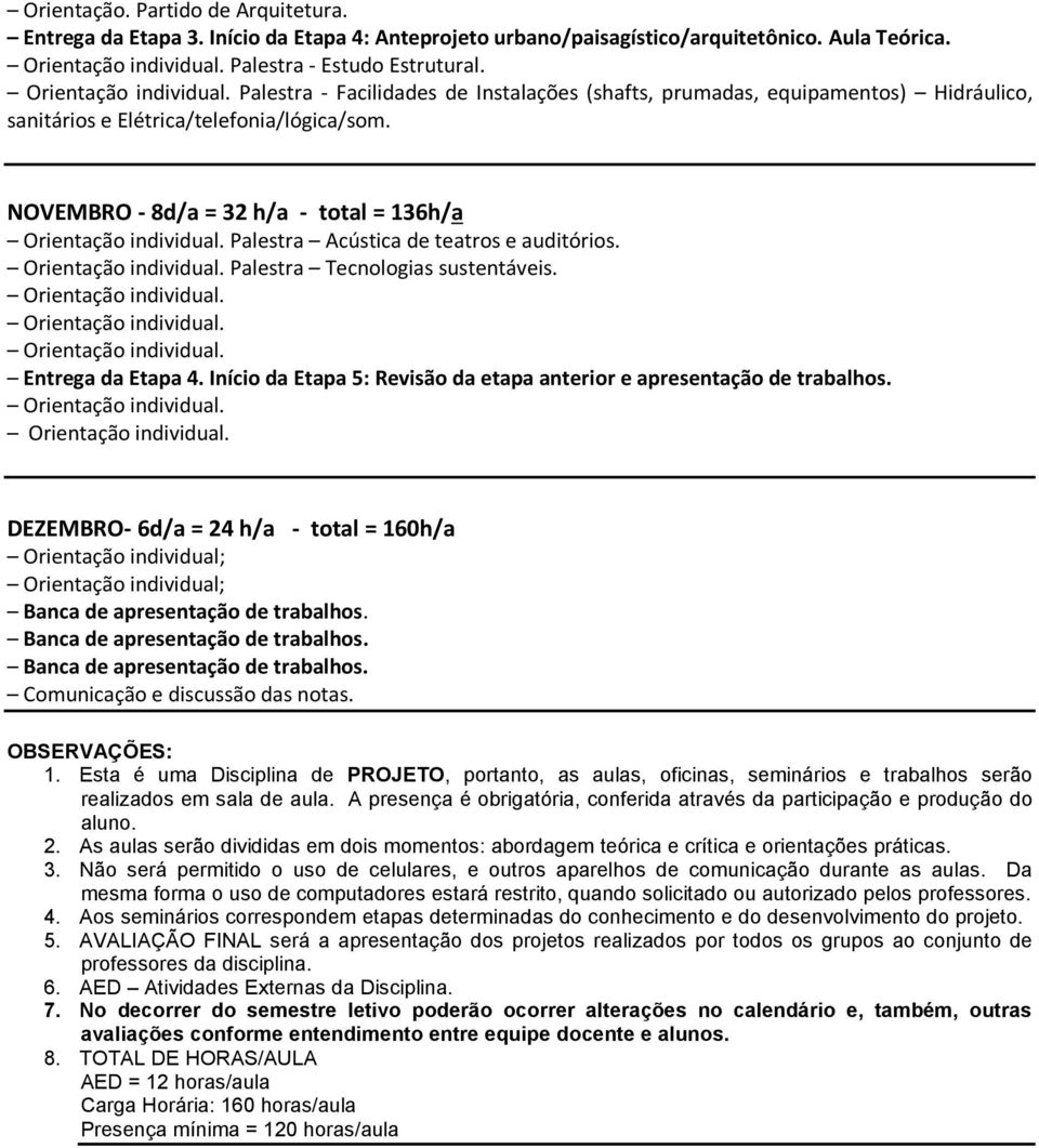 NOVEMBRO - 8d/a = 32 h/a - total = 136h/a Palestra Acústica de teatros e auditórios. Palestra Tecnologias sustentáveis. Entrega da Etapa 4.