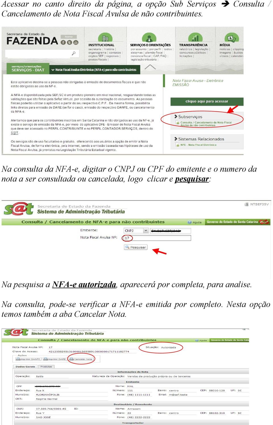 Na consulta da NFA-e, digitar o CNPJ ou CPF do emitente e o numero da nota a ser consultada ou cancelada,