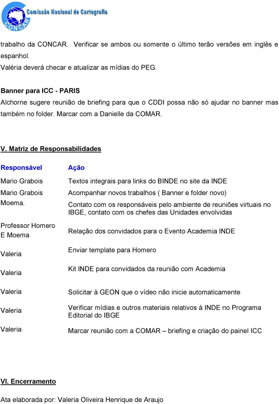 Matriz de Responsabilidades Responsável Mario Grabois Mario Grabois Moema.