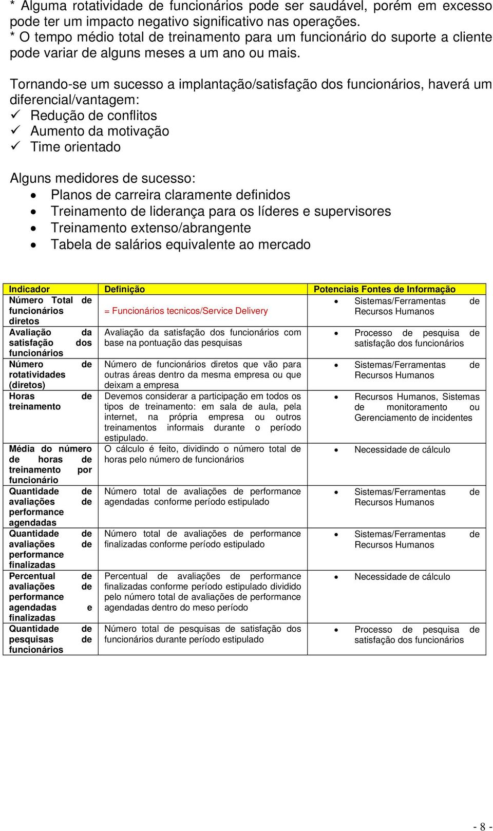 Tornando-se um sucesso a implantação/satisfação dos funcionários, haverá um diferencial/vantagem: Redução de conflitos Aumento da motivação Time orientado Alguns medidores de sucesso: Planos de