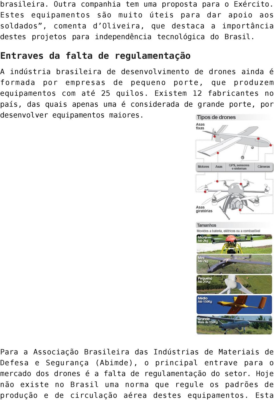 Entraves da falta de regulamentação A indústria brasileira de desenvolvimento de drones ainda é formada por empresas de pequeno porte, que produzem equipamentos com até 25 quilos.