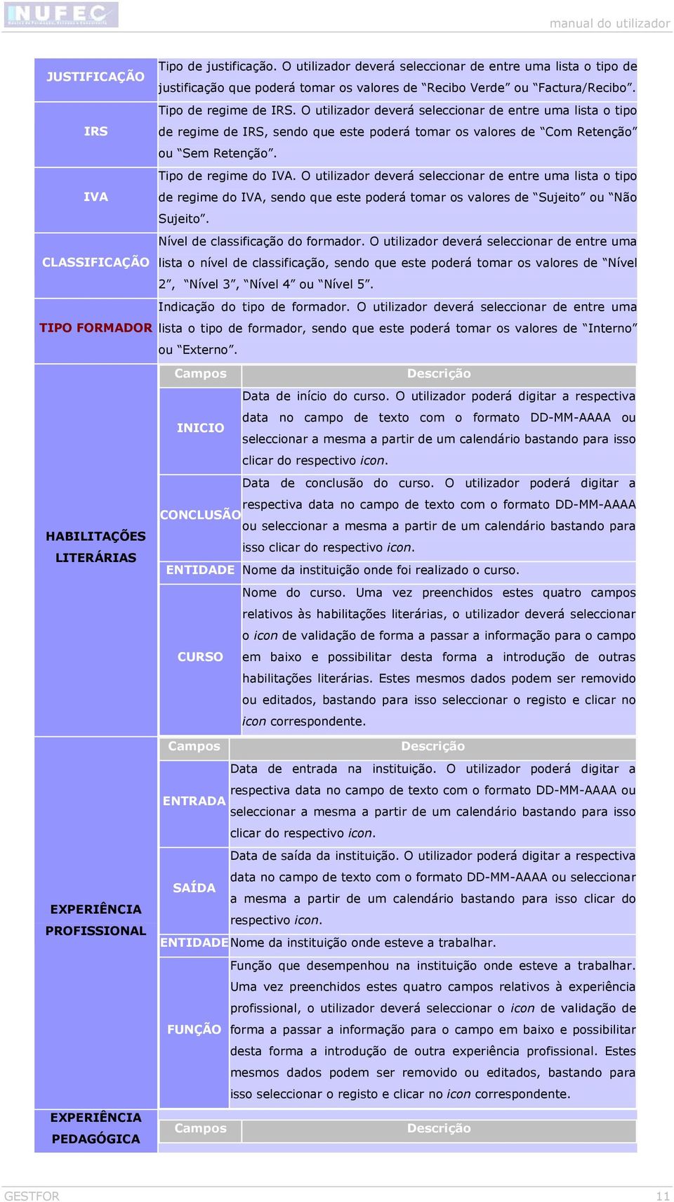 O utilizador deverá seleccionar de entre uma lista o tipo IVA de regime do IVA, sendo que este poderá tomar os valores de Sujeito ou Não Sujeito. Nível de classificação do formador.