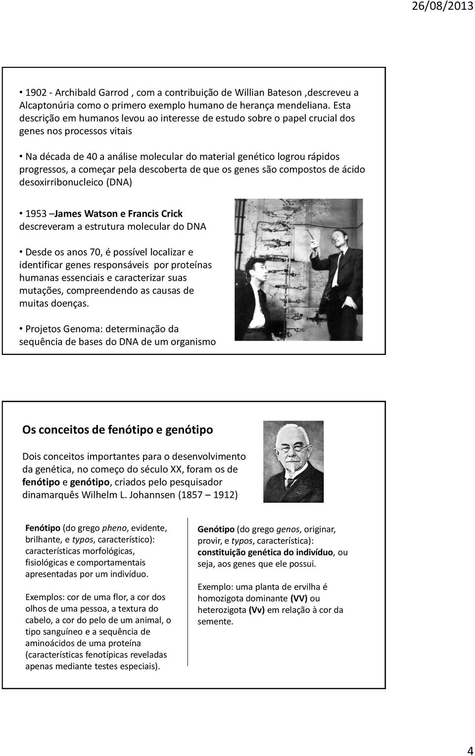 começar pela descoberta de que os genes são compostos de ácido desoxirribonucleico (DNA) 1953 James Watson e Francis Crick descreveram a estrutura molecular do DNA Desde os anos 70, é possível