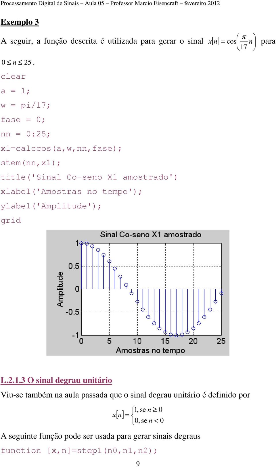 xlabel('amostras no tempo'); label('amplitude'); grid = cos π n 17