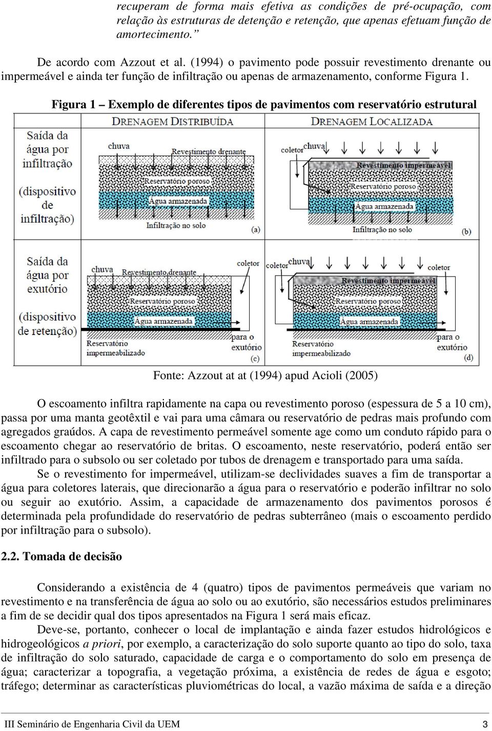 Figura 1 Exemplo de diferentes tipos de pavimentos com reservatório estrutural Fonte: Azzout at at (1994) apud Acioli (2005) O escoamento infiltra rapidamente na capa ou revestimento poroso