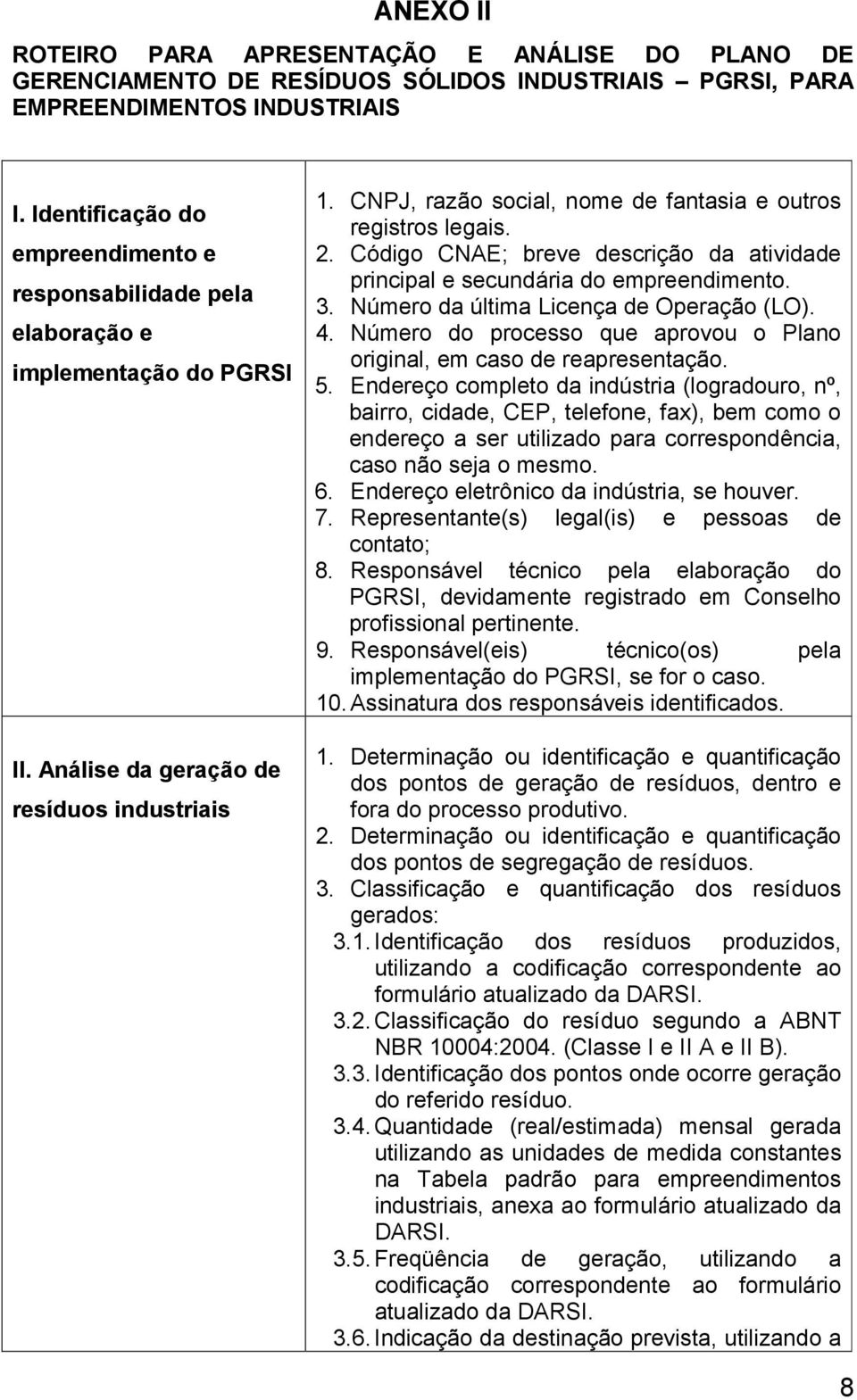 CNPJ, razão social, nome de fantasia e outros registros legais. 2. Código CNAE; breve descrição da atividade principal e secundária do empreendimento. 3. Número da última Licença de Operação (LO). 4.