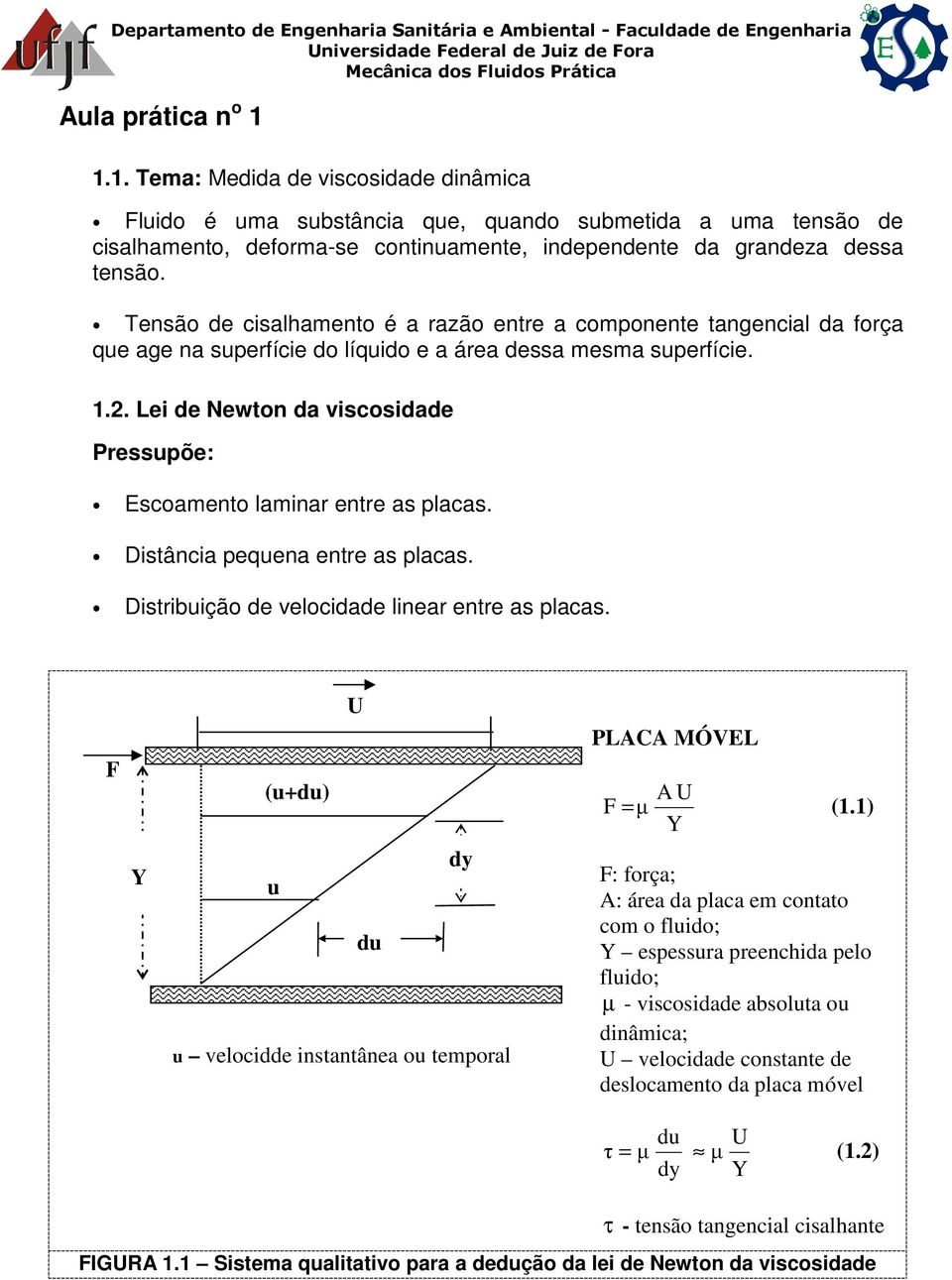 . ei de Newton da viscosidade Pressupõe: Escoamento laminar entre as placas. Distância pequena entre as placas. Distribuição de velocidade linear entre as placas. F (u+du) U PACA MÓVE A U F = µ (1.