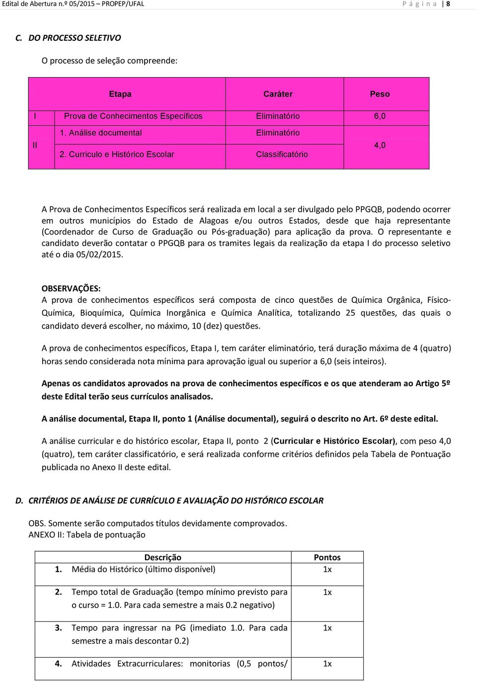 Curriculo e Histórico Escolar Classificatório 4,0 A Prova de Conhecimentos Específicos será realizada em local a ser divulgado pelo PPGQB, podendo ocorrer em outros municípios do Estado de Alagoas