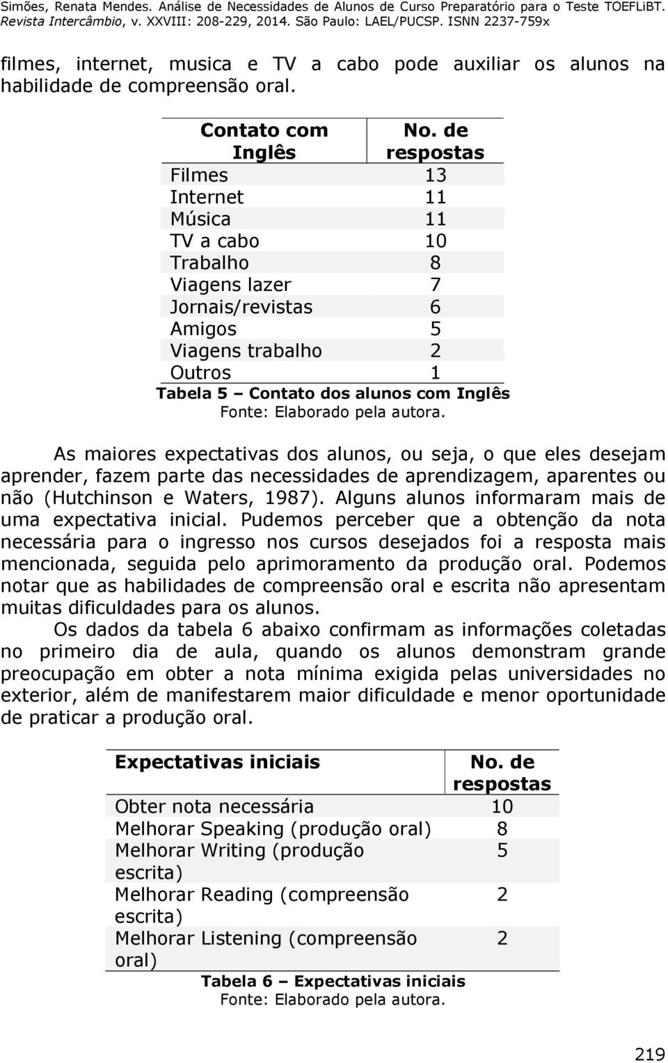 expectativas dos alunos, ou seja, o que eles desejam aprender, fazem parte das necessidades de aprendizagem, aparentes ou não (Hutchinson e Waters, 1987).