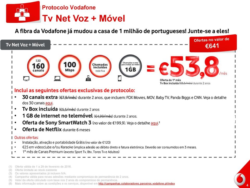 Tv Box incluída ( 5,5/mês) durante 2 anos 1 GB de internet no telemóvel ( 4,99/mês) durante 2 anos. Oferta de Sony SmartWatch 3 (no valor de 199,9). Veja o detalhe aqui.