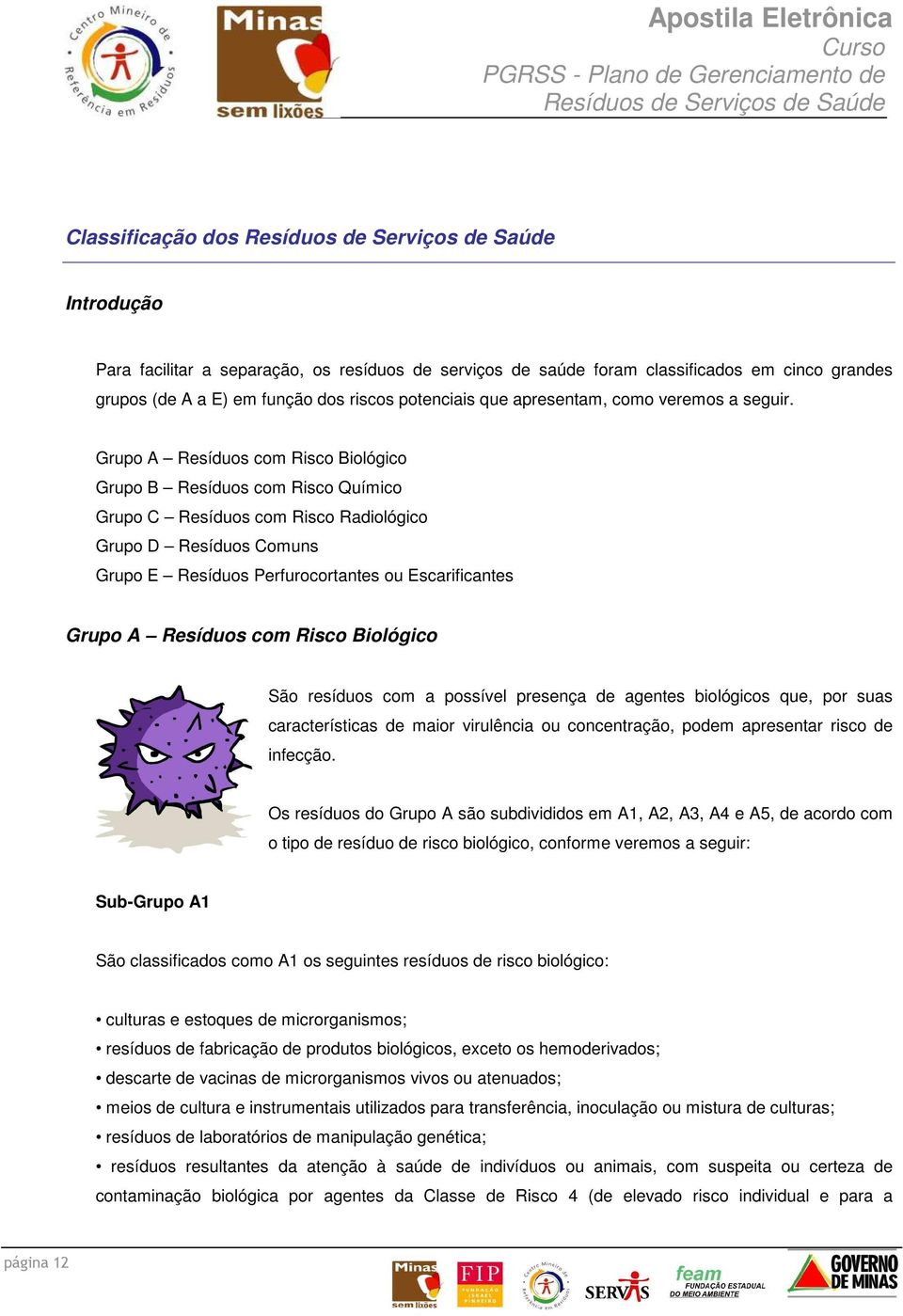 Grupo A Resíduos com Risco Biológico Grupo B Resíduos com Risco Químico Grupo C Resíduos com Risco Radiológico Grupo D Resíduos Comuns Grupo E Resíduos Perfurocortantes ou Escarificantes Grupo A