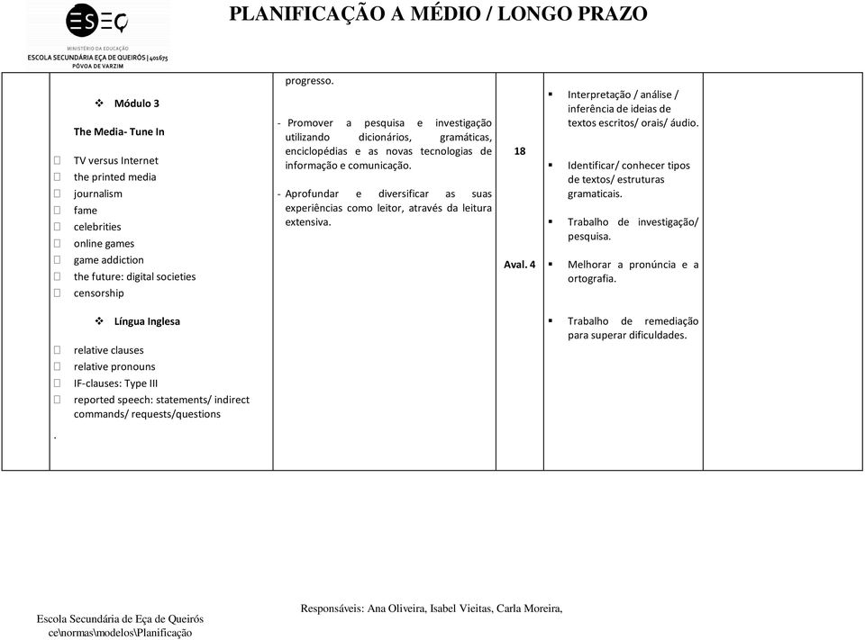 - Aprofundar e diversificar as suas experiências como leitor, através da leitura extensiva. 18 Interpretação / análise / inferência de ideias de textos escritos/ orais/ áudio.