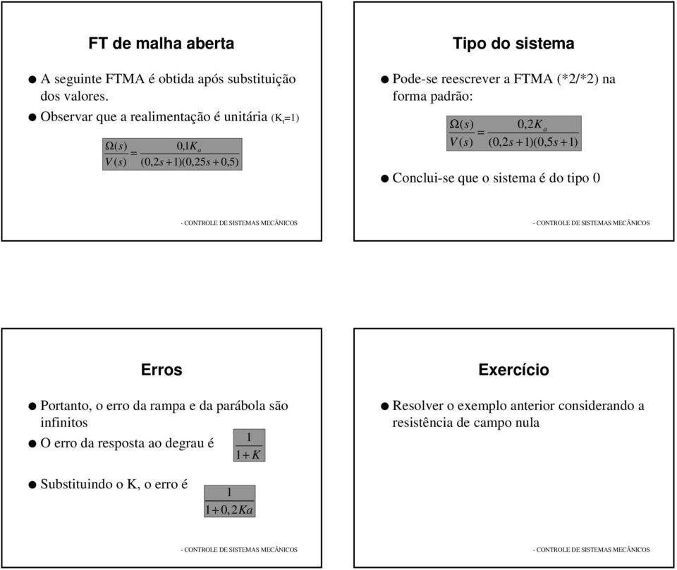 (*/*) n orm drão: Ω( 0, V ( (0,s )(0,5s ) Conluis qu o sistm é do tio 0 Erros Portnto, o rro