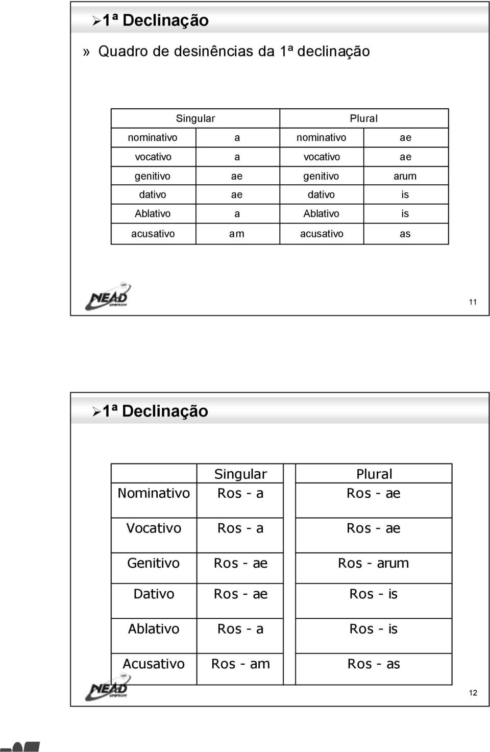 custivo m custivo s 11 1ª Declinção Nomintivo Singulr Ros Plurl Ros e Voctivo