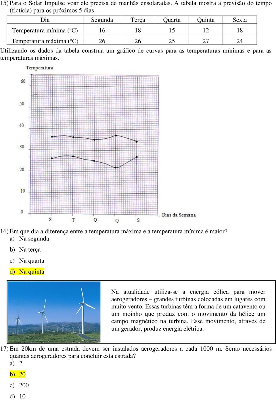 mínimas e para as temperaturas máximas. 16) Em que dia a diferença entre a temperatura máxima e a temperatura mínima é maior?