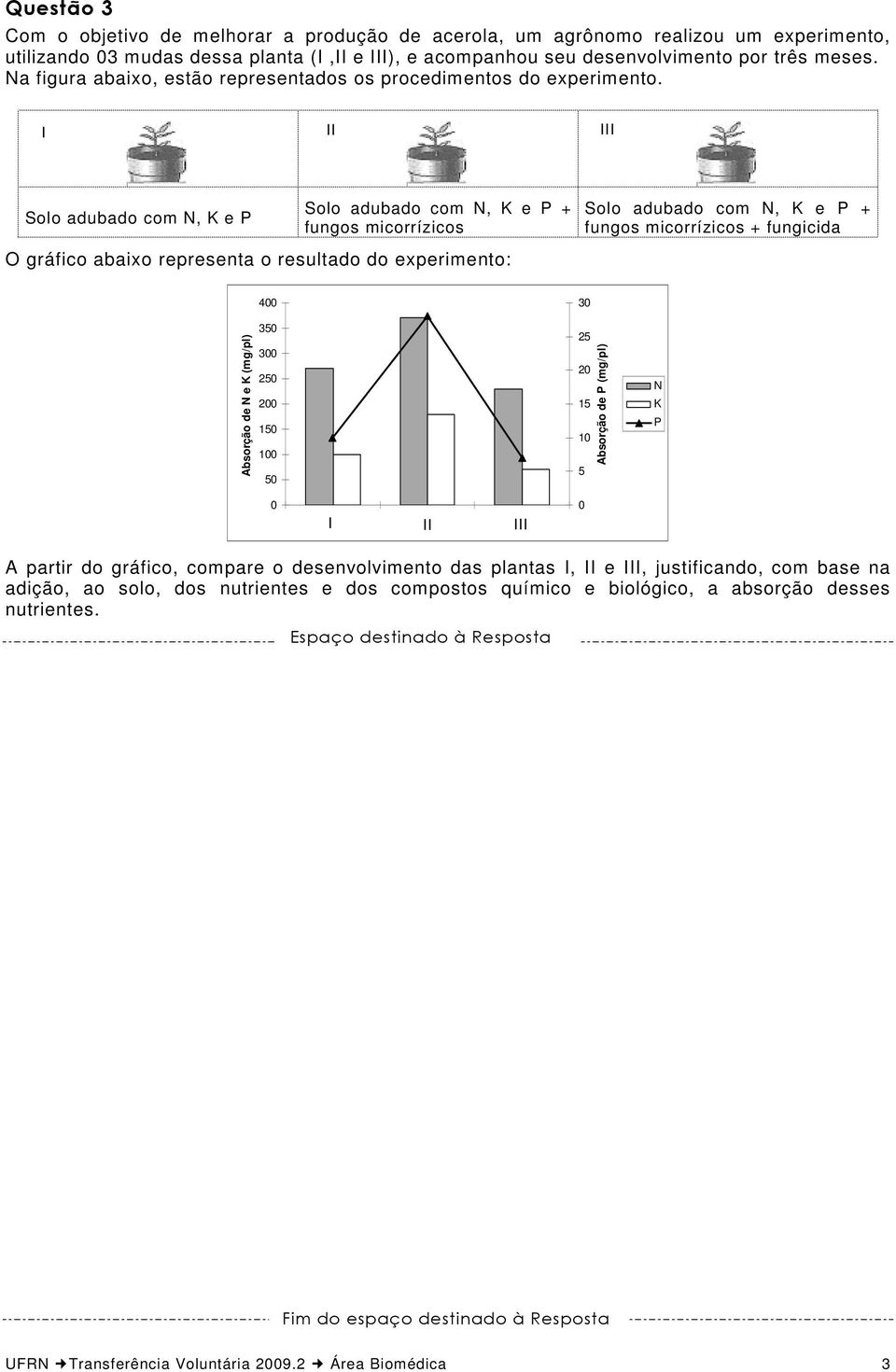 I II III Solo adubado com N, K e P Solo adubado com N, K e P + fungos micorrízicos O gráfico abaixo representa o resultado do experimento: Solo adubado com N, K e P + fungos micorrízicos + fungicida