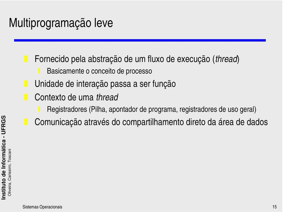 de uma thread Registradores (Pilha, apontador de programa, registradores de uso